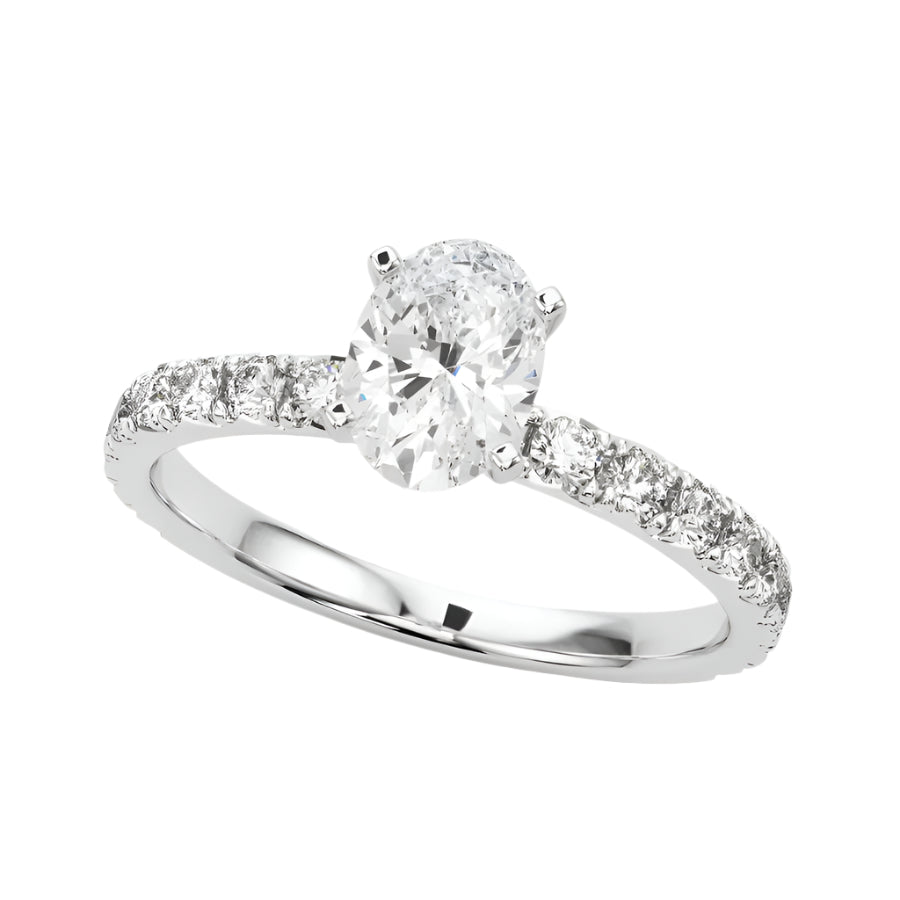 Solitaire Ring with Diamond Set Band in 14K White Gold - Oval