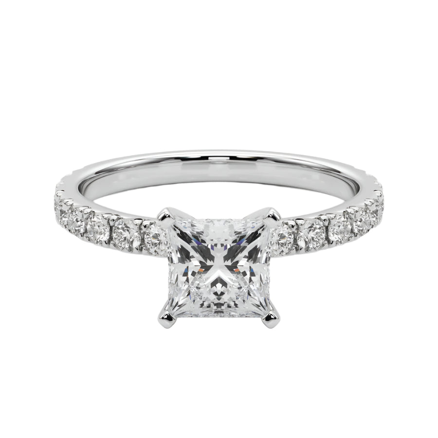 Solitaire Ring with Diamond Set Band in 18K White Gold - Princess