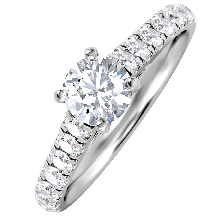 Solitaire Ring with Diamond Set Band in 14K White Gold - Round