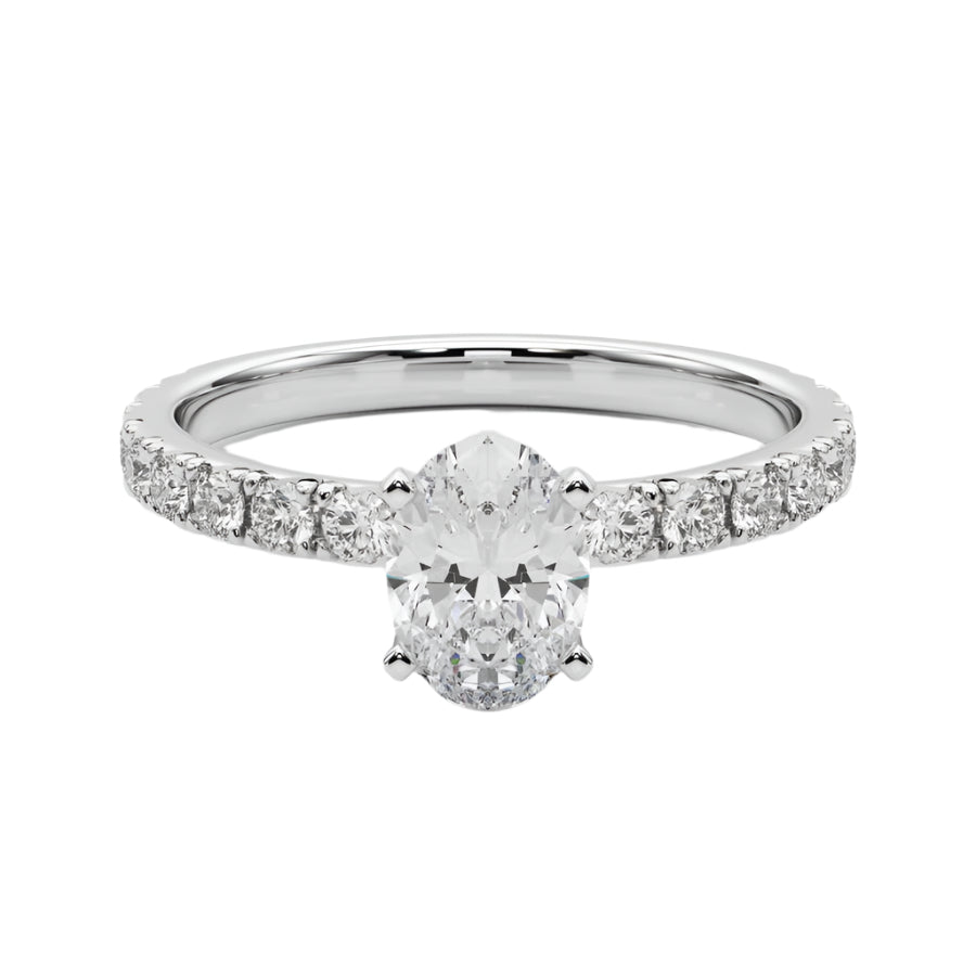 Solitaire Ring with Diamond Set Band in 14K White Gold - Oval