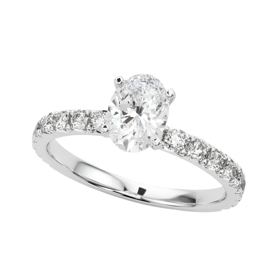 Solitaire Ring with Diamond Set Band in 18K White Gold - Oval