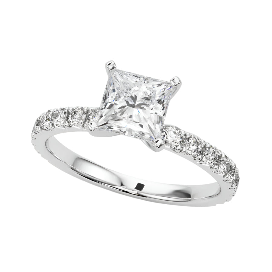 Solitaire Ring with Diamond Set Band in 14K White Gold - Princess